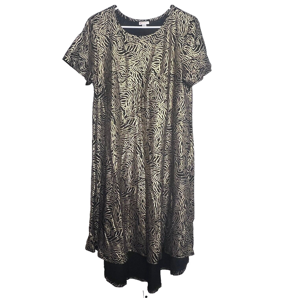 Lularoe Carly Black and Gold Dress Large Swing Metallic Saints Festive Party
